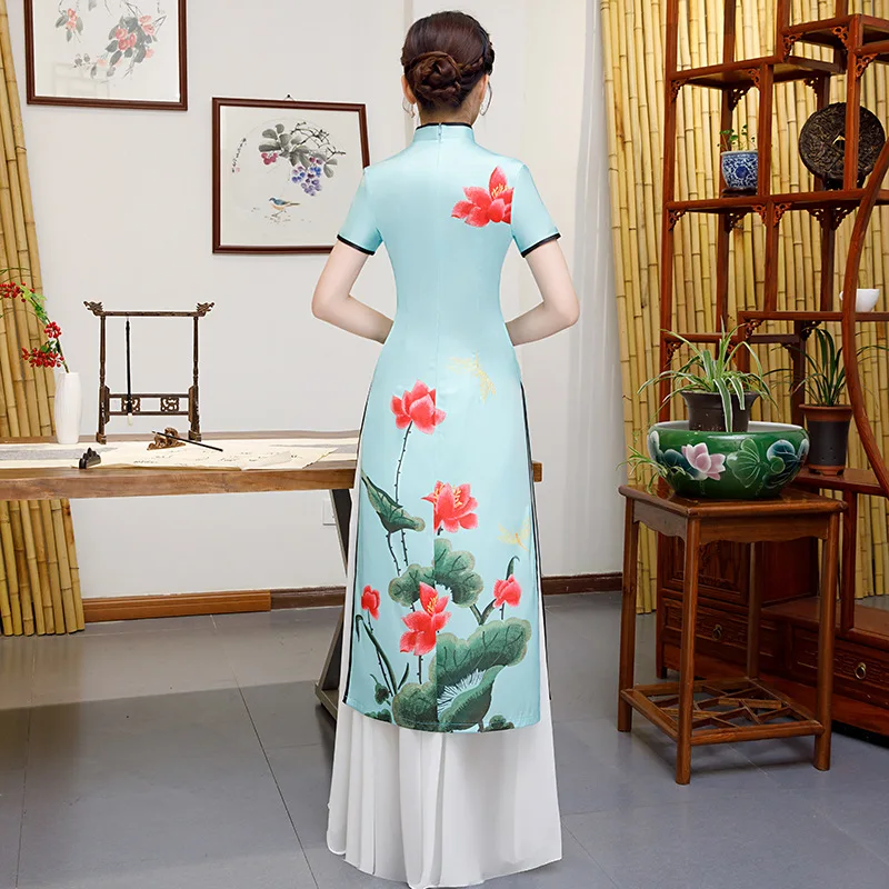 Женское традиционное китайское платье Ципао Aodai белое винтажное с цветочным