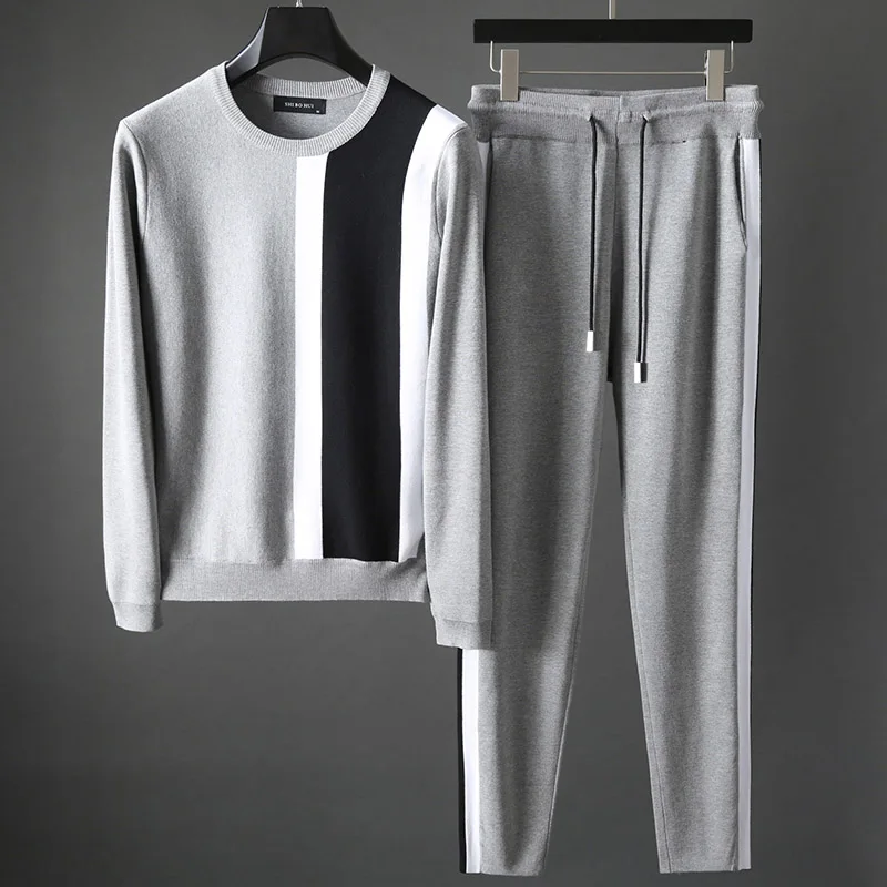 Серый JSBD men's luxury color design new spring and autumn o-neck men's sweatshirt fashion 2 pieces(sweatshirt+ pants) sportswe - Цвет: Серый