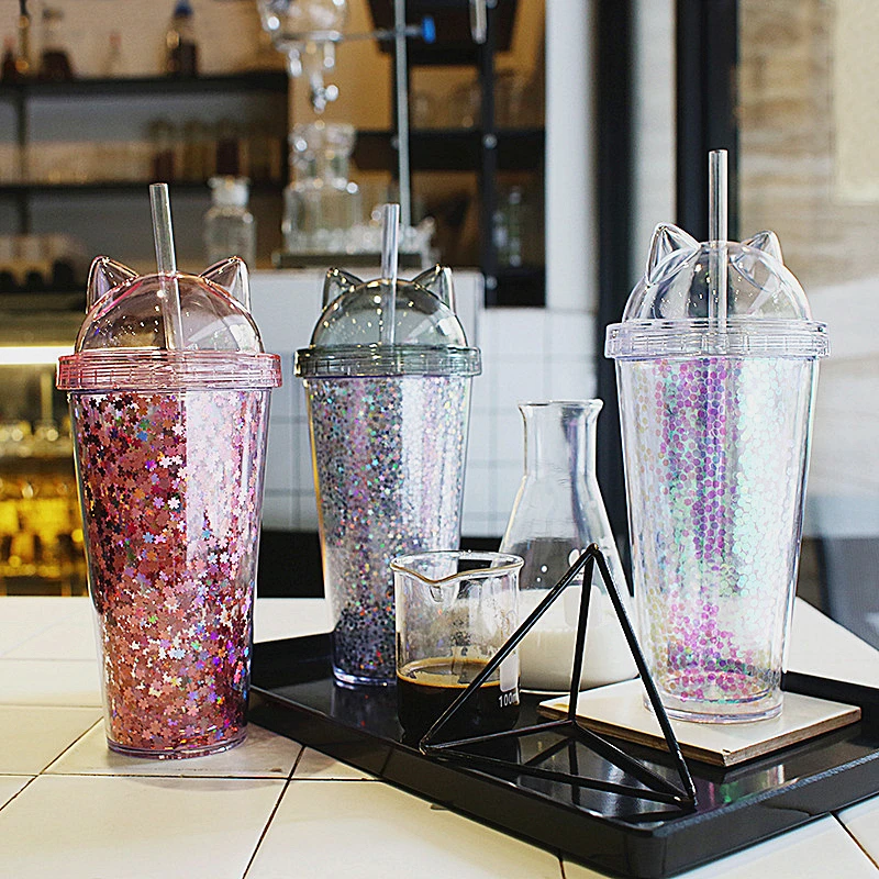 Новая креативная пластиковая BPA Хрустальная бутылка для воды флэш кошачьими ушками двухслойная Питьевая Бутылка Чашка для воды подарок детская посуда для напитков