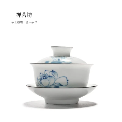 Ручная роспись керамический гайвань из трех предметов чаша голубой лотос белый