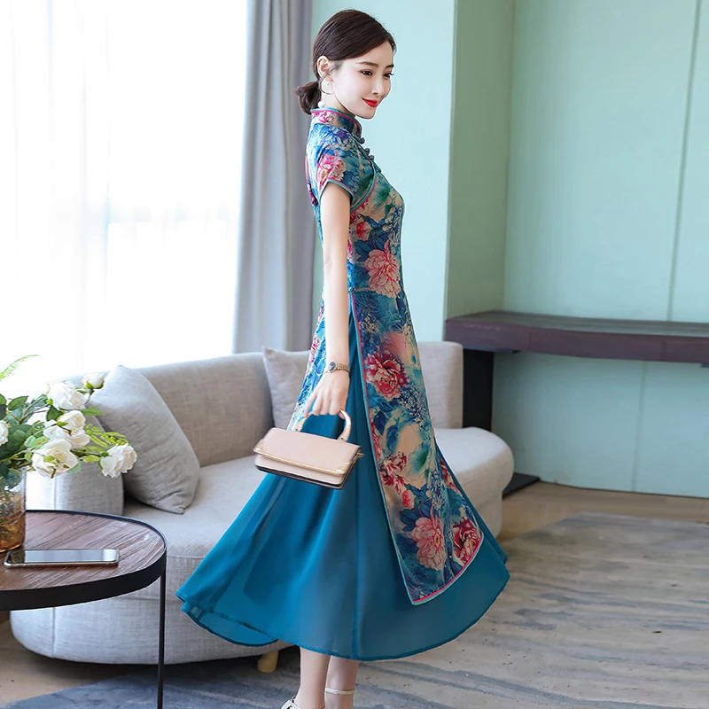Летнее женское платье с цветочным принтом Ao Dai Cheongsam размера плюс S-4XL |
