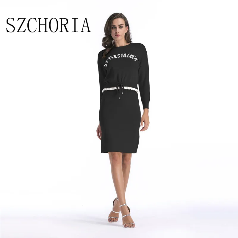 SZCHORIA новое поступление женское платье 2 шт. с длинным рукавом модный свитер осень