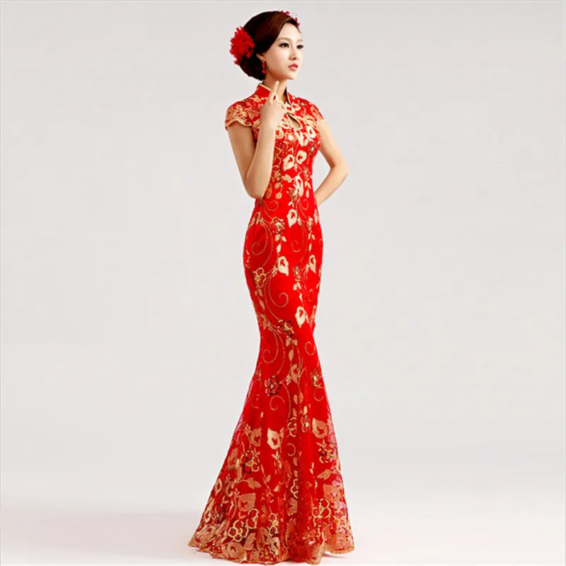 Красный Для женщин винтажные Cheongsam Сексуальная Qipao кружева рыбий хвост длинное