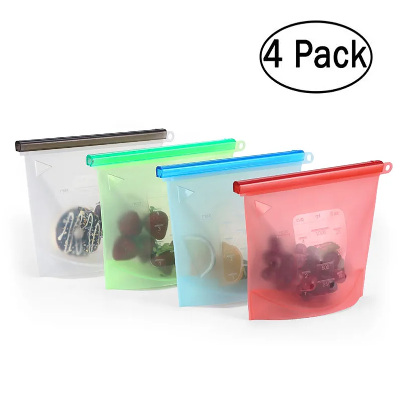 Многоцветный 4pcs Reusable Silicone Vacuum Seal Food Fresh Bag Fruit Meat Milk Storage Containers Refrigerator Bag Ziplock Kitchen Organizer - Цвет: Многоцветный