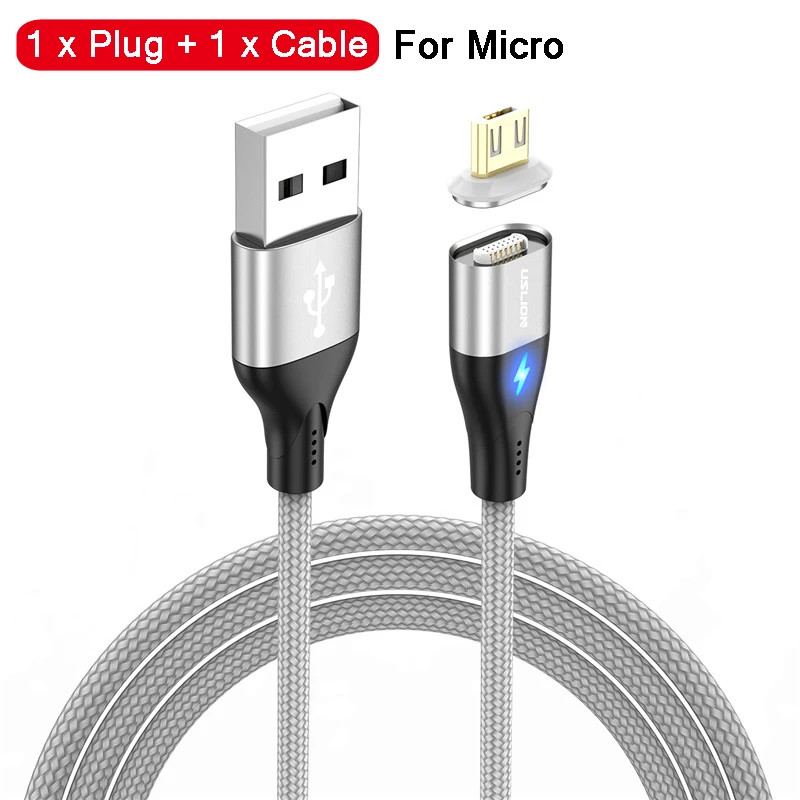 Silver For Micro Магнитный кабель для быстрой зарядки USLION 1 м Micro usb type C для iPhone samsung Xiaomi 3A Micro usb type-C Магнитный кабель для зарядки и передачи данных - Цвет: Silver For Micro