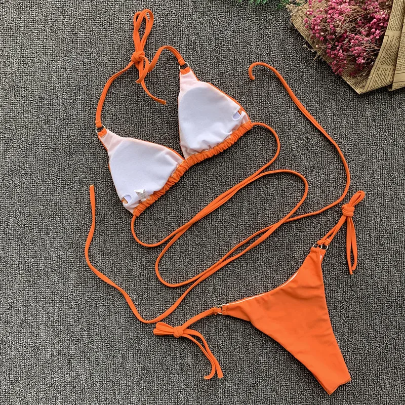 Sexy Micro Bikini 2019 Women Orange Swimwear Bandage Beach Wear Push Up Thong Mini Swimming Suit Ring Halter Set Female | Женская одежда