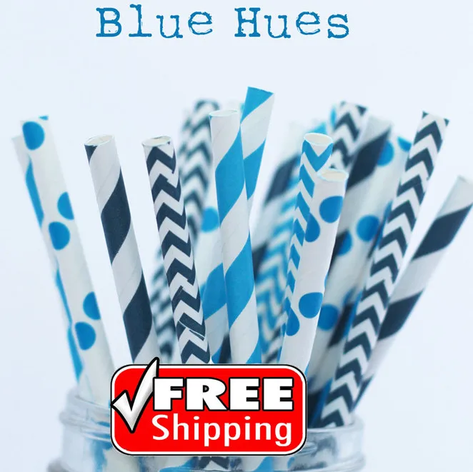 

250pcs Mixed 5 Designs BLUE HUES Paper Straws, Blue and Navy Striped, Polka Dot, Chevron, Boy Party Supplies Decorations