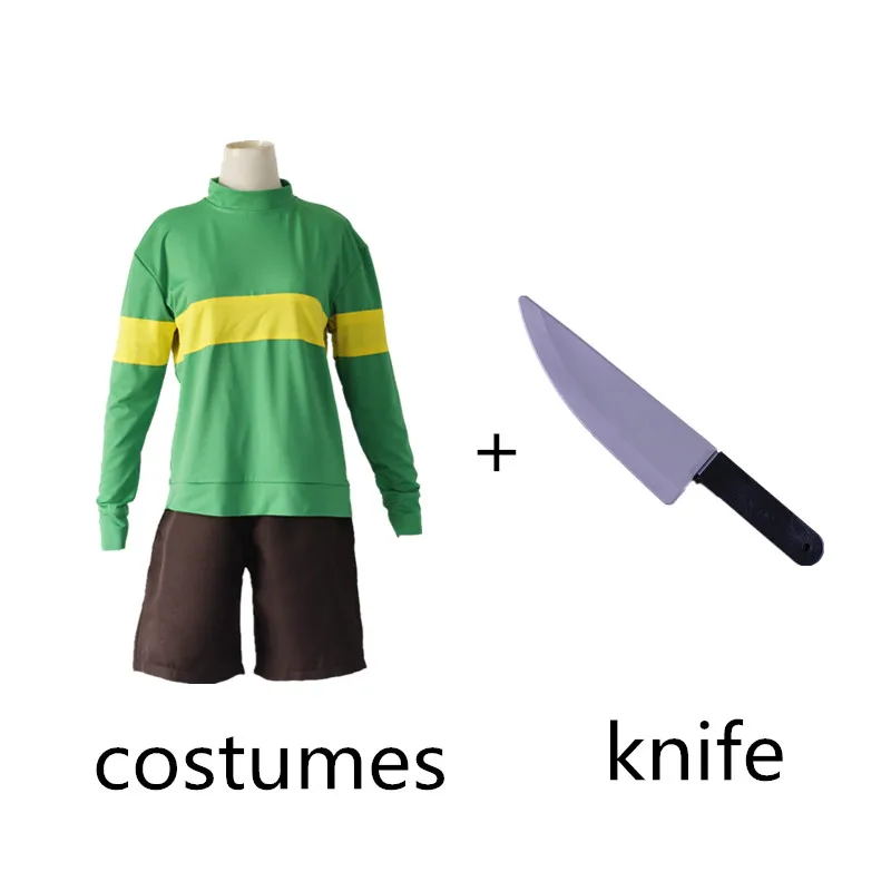 Армейский зеленый Костюмы на Хэллоуин, игра Undertale Chara Frisk, костюмы для косплея, зеленый, синий, спортивная одежда, нож в комплекте, полный комплект - Цвет: Армейский зеленый