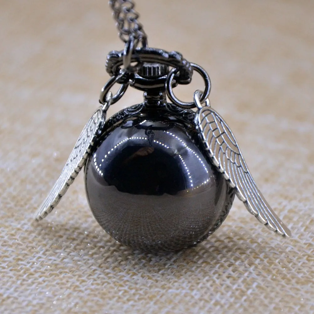 Vintage Black Smooth Harry Potter Ball Silver Wings Quartz Pocket Watch Analog Pendant Necklace Mens Womens Watch Gifts Chain
