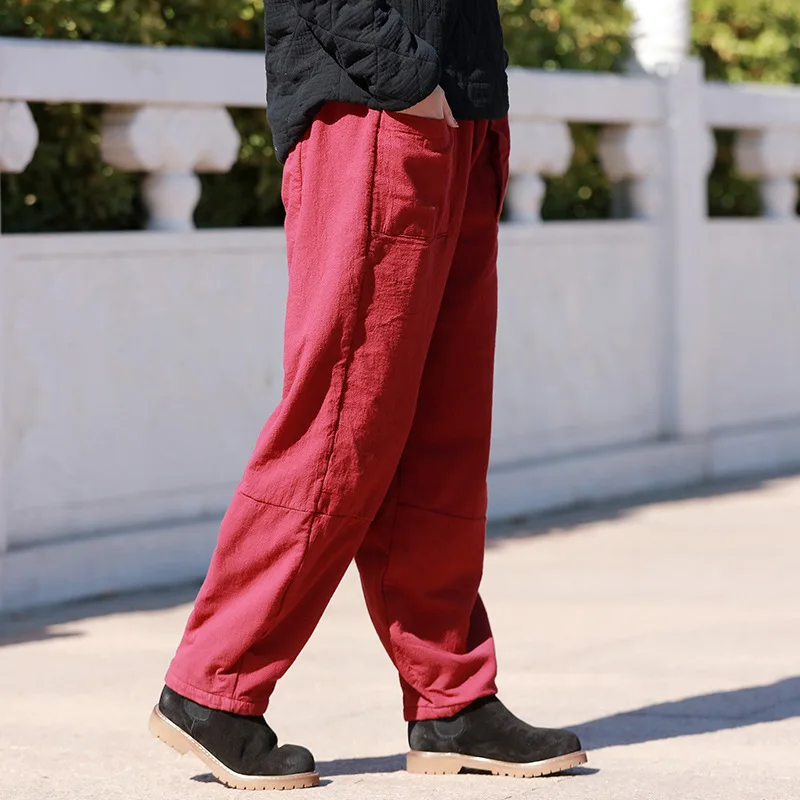 New women big size ramie trousers winter cotton linen wide pants cotton padded warm bottom top quality clothes for women