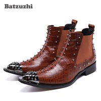 batzuzhi new western cowboy boots man metal pointed toe leather boots brown rock motocycle boots men nightclub party38 46