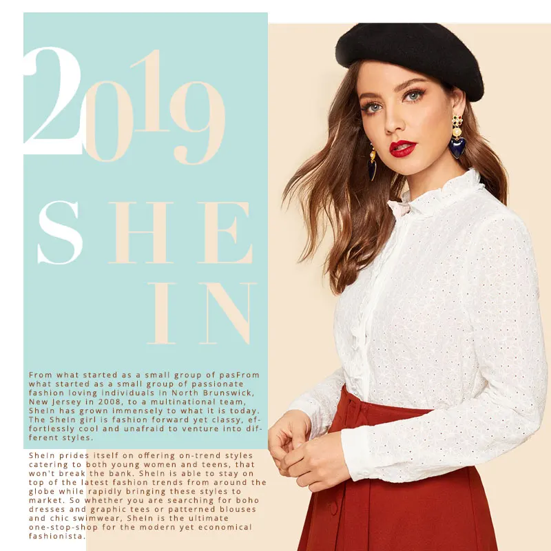 SHEIN Нарядная Белая Блуза С Рюшами, Ажурная Однотонная Блуза С Длинным Рукавом