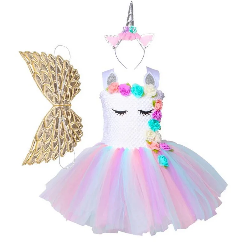 

Flower Girl Unicorn Costume Dress Pony Unicorn Tutu Swallowtail Dresses Headband Wings Sets For Kids handmade Pageant Costume