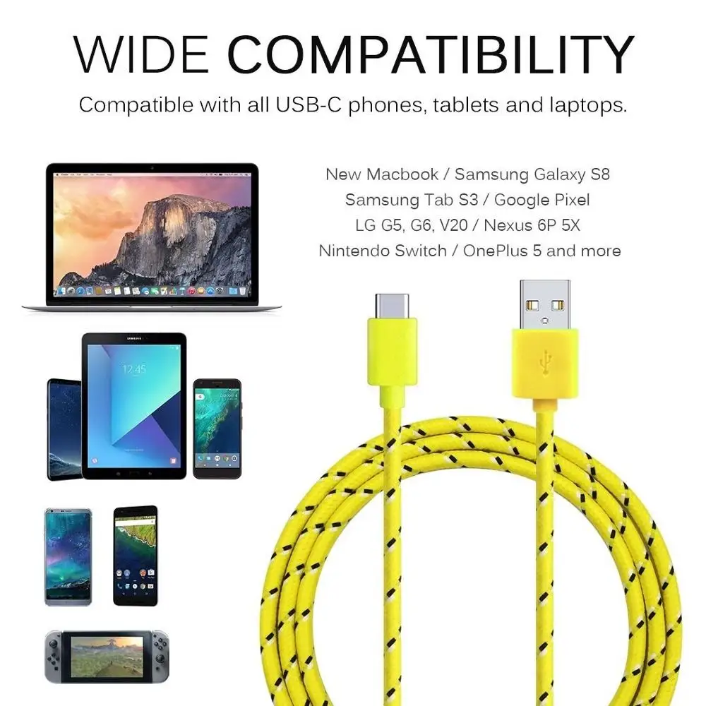 Fast Charging Type-C USB C Mobile Phone Cables 1M/2M/3M USB C Cable Fast Charge For Samsung S10 Plus Huawei Nylon Braided Cable