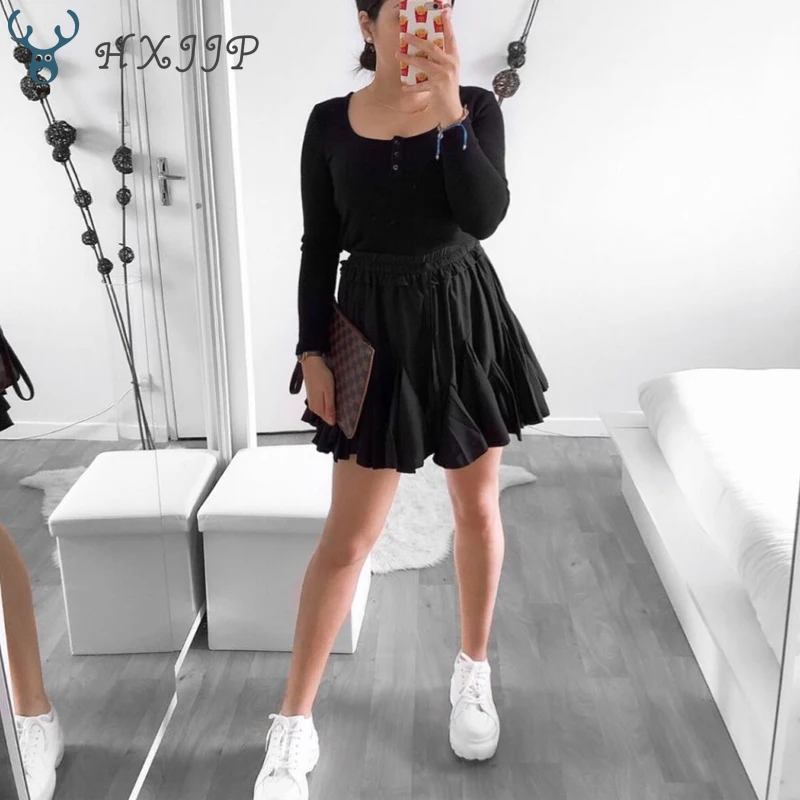HXJJP, белые, черные шифоновые летние шорты, юбка для женщин,, модная Корейская юбка-пачка с высокой талией, плиссированная, Мини, солнцезащитная, школьная юбка для женщин