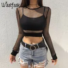 Прозрачная Сетчатая футболка Waatfaak, сексуальная черная облегающая футболка с длинным рукавом и круглым вырезом в уличном стиле, Женская Милая футболка в стиле пэчворк