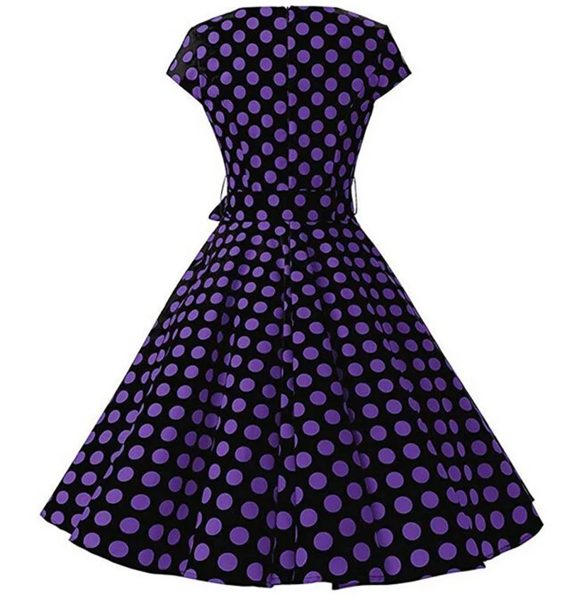 Черный и фиолетовый горох o образным вырезом женское платье Винтаж 1950 S с рукавом