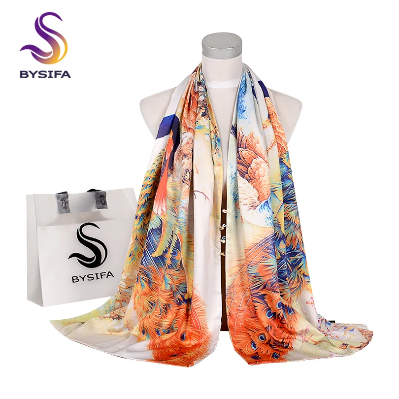 

[BYSIFA] 2018 Fashion Scarf Luxury Women Brand Silk Scarf Shawl Peacock Design Winter Double Faces Buttons Long Scarves 175*50cm