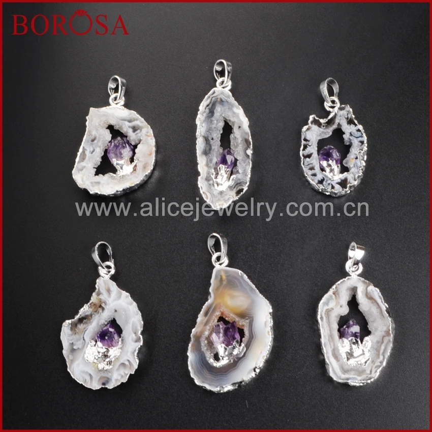 

BOROSA Silver Color Freeform Natural Onyx Druzy Drusy Crystal Slice Gems Pendant Jewelry Inlay Natural Purple Crystal WX008