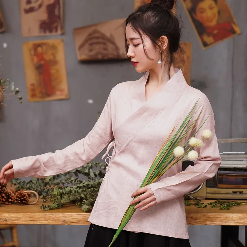 Hanfu tradicional chino para mujer, camisa de lino y algodón, blusa Vintage, liso, Oriental, para espectáculo de escenario