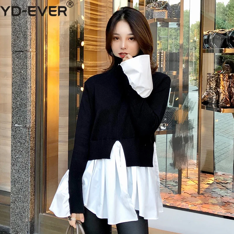 Fake 2 piece Women Sweater Shirts 2019 Spring Turtleneck Flare Sleeve Knitted Pullovers Patchwork White Blouse Irregular Top | Женская