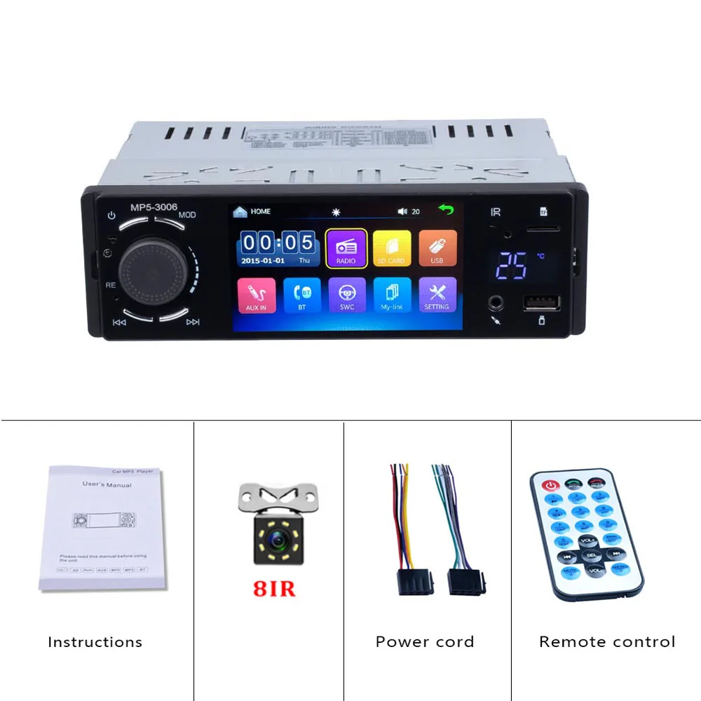 With 8LED Camera Podofo Авторадио 1din радио автомобиля 4,1 дюймов сенсорный экран Зеркало Ссылка радио автомобиля USB/U диск/AUX Bluetooth Радио MP3 Автомобильный плеер - Цвет: With 8LED Camera