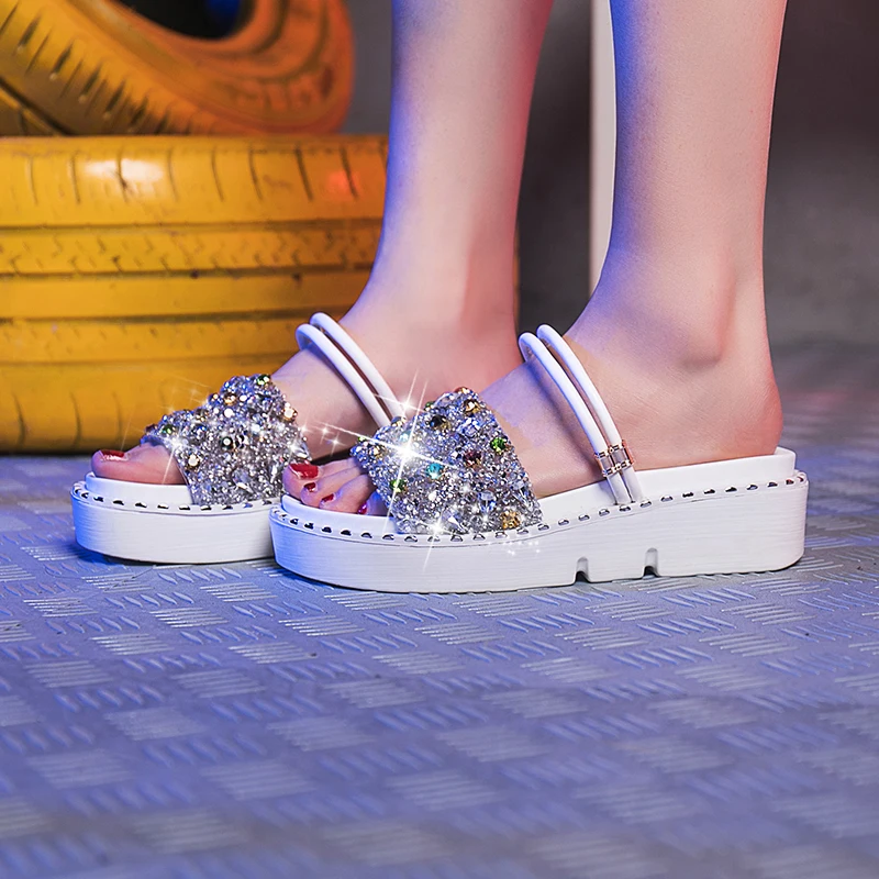 Aphixta/Мужская обувь женские блестящие шлепанцы на танкетке летний модный хрусталь