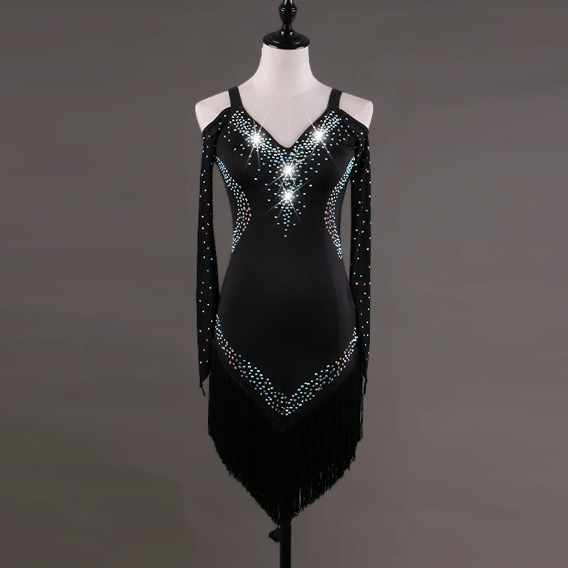 

Lady Long Sleeve Dancing Compitition Dress Long Sleeve Hand Made Diamond Latin Dance Dress Women Rumba Tassel Costumes D-0167
