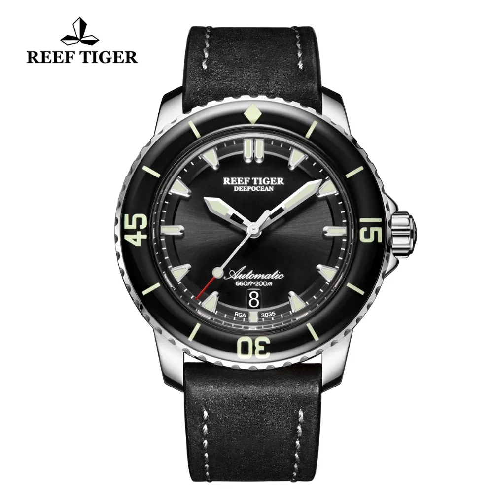Reef Tiger/RT часы для дайвинга люминесцентные спортивные часы мужские черные стальные кожаный ремешок автоматические с датой водонепроницаемые часы RGA3035