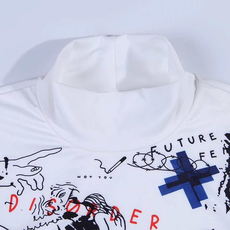InstaHot White Turtleneck Slim Fit T-shirt Crop Tops Print Long Sleeve Tee Women Autumn Minimalist Tee Fashion Streetwear