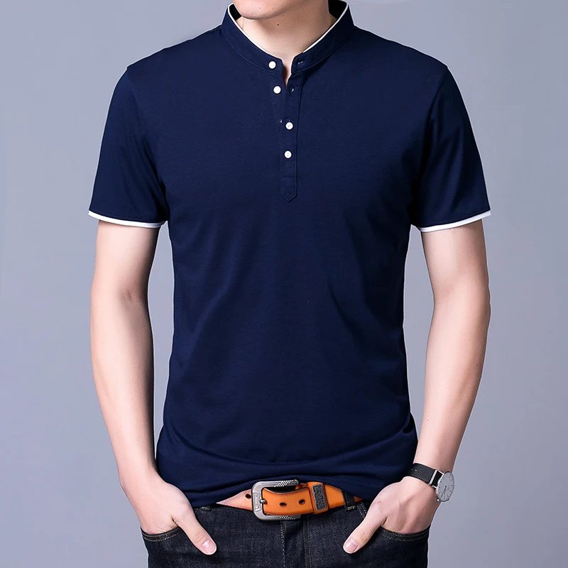 Футболка мужская с воротником-стойкой модная тенниска из чистого хлопка майка