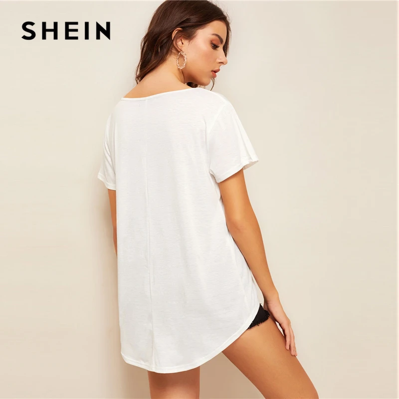 SHEIN однотонная женская футболка с v-образным вырезом и низким подолом,, белая однотонная летняя футболка с коротким рукавом