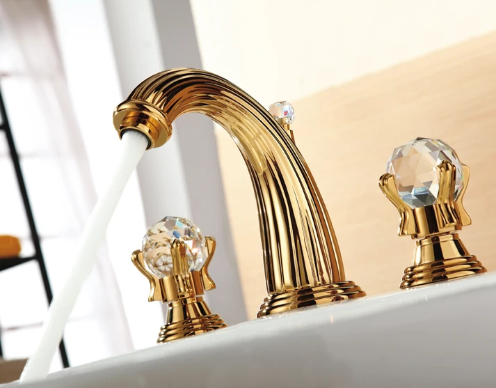 

Free ship Gold clour 3 Pcs 8" widespread bathroom Lavatory Sink faucet Crystal handles Mixer tap deck mounted 3 Holes