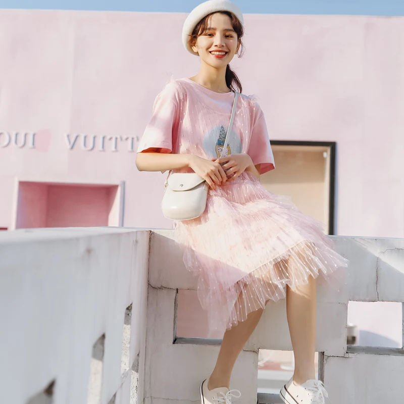 Повседневное милое платье из тюля с рисунком мультфильма для девочек летнее