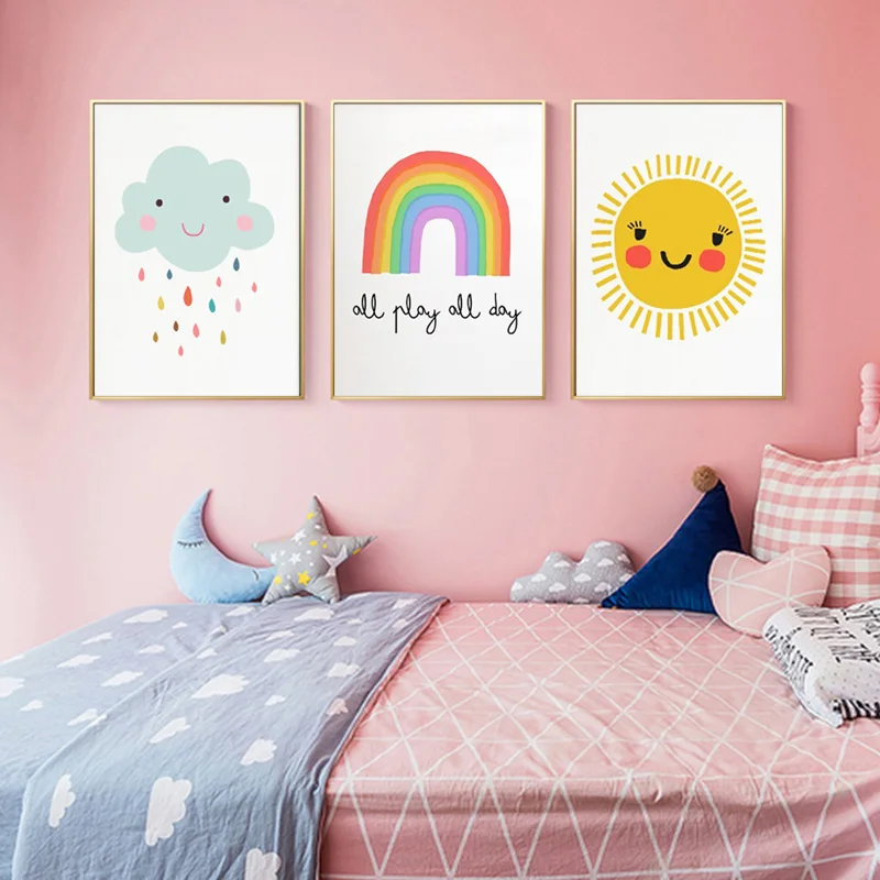 Фото Холст с изображением облачного дождя для детской комнаты: скандинавский постер со солнцем, рисунок, декорация, изображение для украшения девичьей спальни в стиле Нордик.