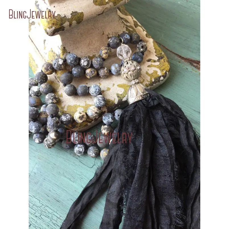 Knot Frosted Agates Beads Necklace Black Shabby BoHo Sari Silk Tassel Necklace NM15507