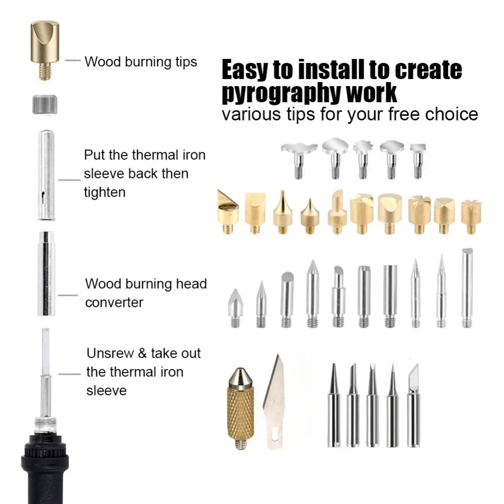 Dusco.E 110V/220V US/EU Plug 60w Adjustable Soldering Iron Wood Burning Pen Set Carving Pyrography Tool 5 pcs Welding Tips Kit