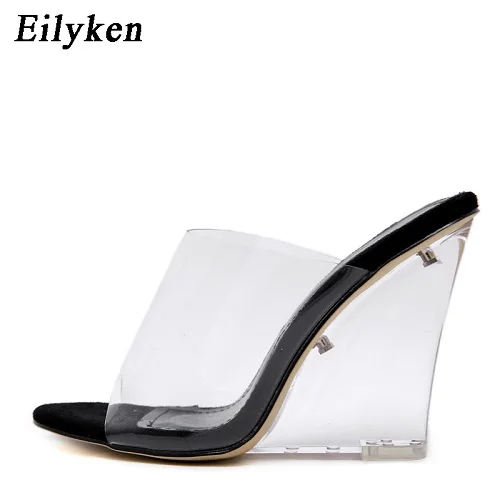 Black Eilyken/женские босоножки; модные уличные шлепанцы с открытым носком; пикантные летние туфли-лодочки на танкетке со стразами - Цвет: Black