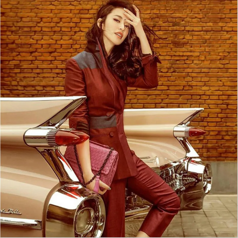 

Ladies fashion new spring and autumn wine red suit suit contrast color suit jacket feet nine pants two sets AL190120