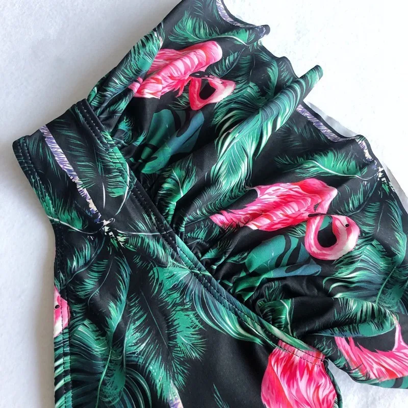 Women Swimwear NEW Green Leaves Printed One Piece Swimsuit Female Bather Ruffled Bathing Suit Swim Lady Monokini