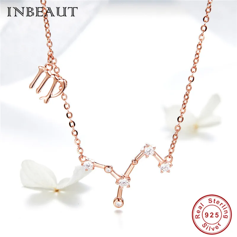 INBEAUT 925 пробы серебро розовое золото 12 созвездий весы Aries Циркон Стрелец с подвеской со знаком Рыб ожерелья для женщин - Окраска металла: snn020