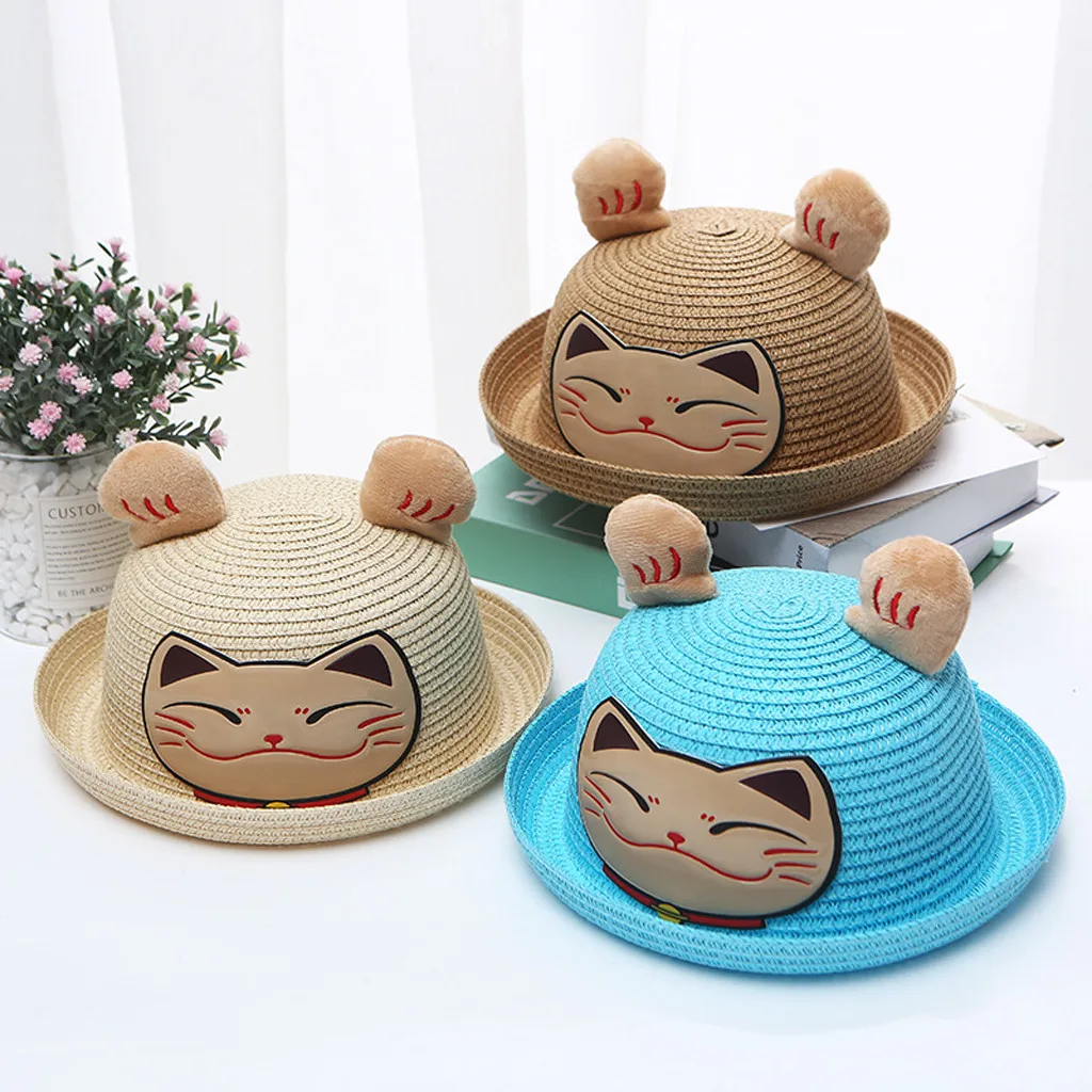Соломенная шляпа для детей с изображением из мультфильма Lucky Cat летняя украшением