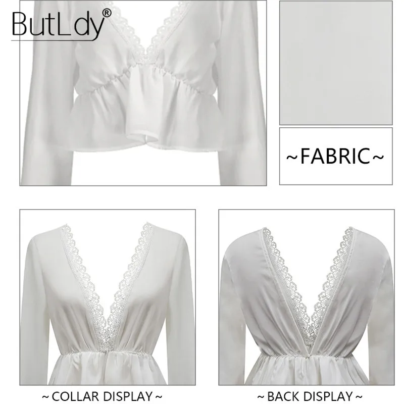 

Lace Patchwork Ruffle Short Blouse Women Sexy Deep V Neck Backless Cropped Shirt Summer 2019 White Long Sleeve Tops and Blouses