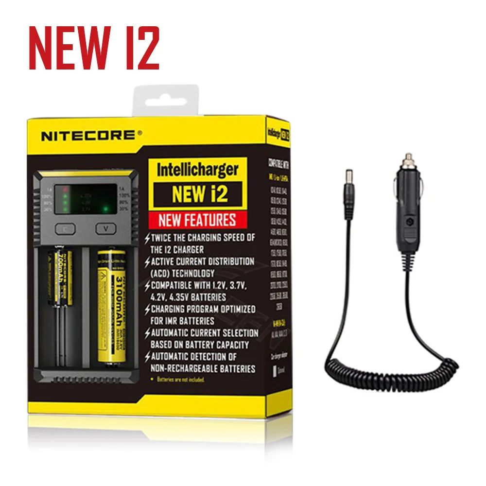 I2 with car charger Бренд Nitecore I2 I4 Digi зарядное устройство lcd интеллектуальная схема Li-Ion для 26650 18650 18350 16340 14500 автомобильное зарядное устройство - Цвет: I2 with car charger
