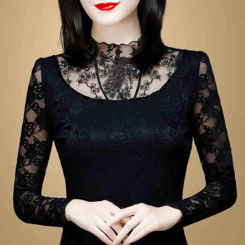 

Hollow Out Women Spring Autumn Style Lace Blouses Shirts Casual Long Sleeve Patchwork Spliced Turtleneck Blusas Tops DD2600