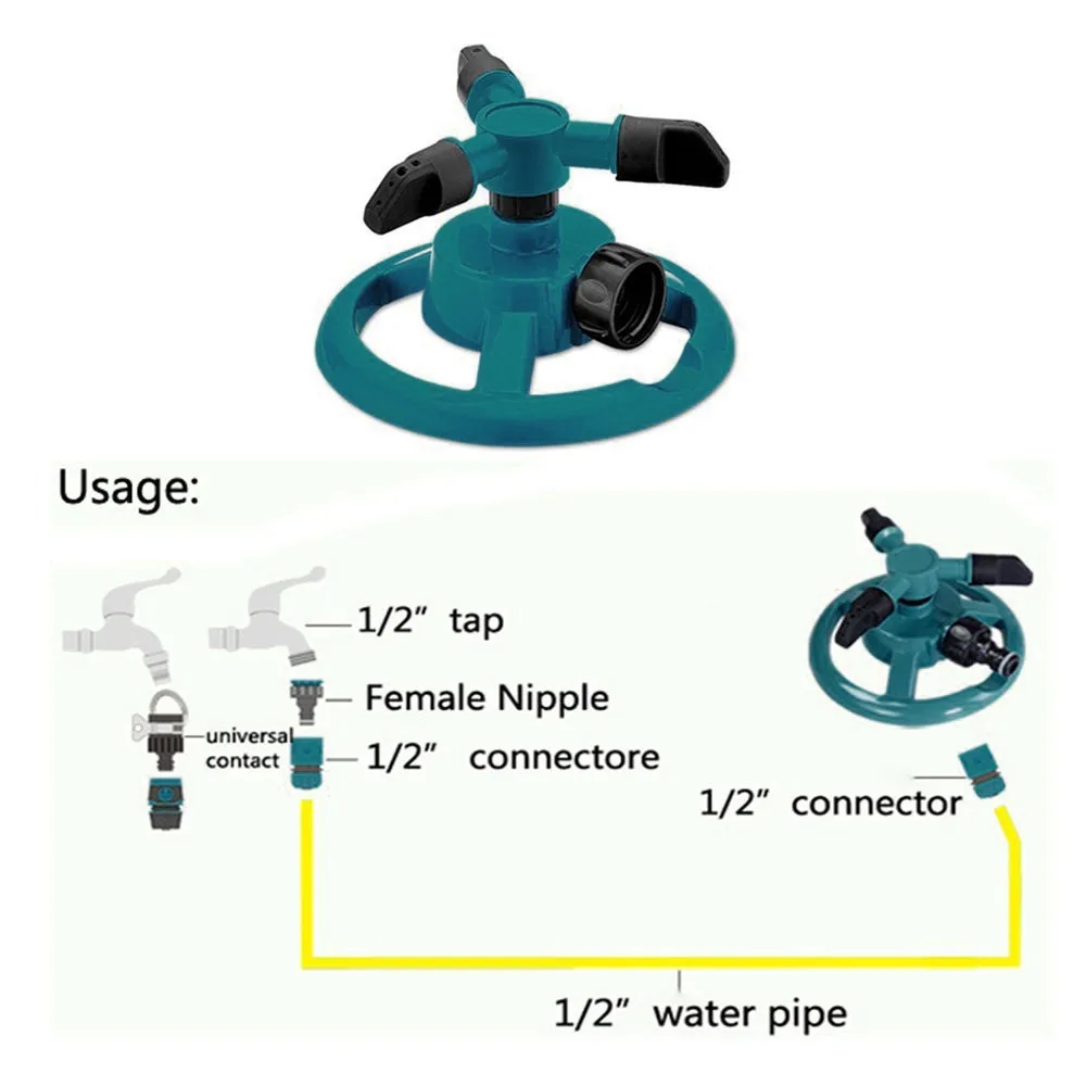 Garden irrigation sprinklers automatic turf 360 degrees circle rotating water sprinkler 3 nozzles three arm garden hose tube | Дом и сад