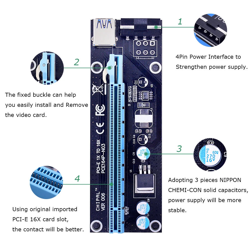 CHIPAL 60 см PCI Express E 1X до 16X Райзер карта с кабелем USB 3 0 + SATA к 4Pin шнур питания для