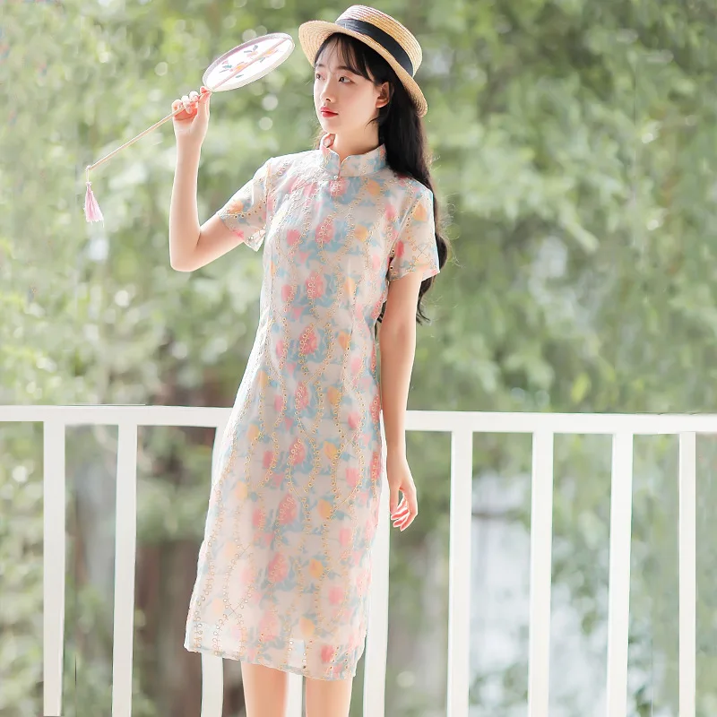 Китайское платье Ципао hanfu летнее с коротким рукавом Китайская традиционная