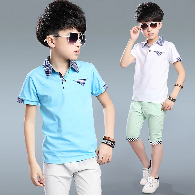 Kids Boys Short-sleeved Suit Summer Children's Cotton T-shirt + Boy Shorts 5-15 Years Teenager Boy' Sets Polo Tee |