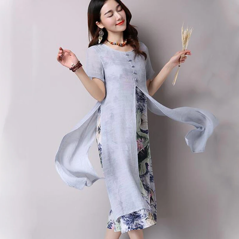 2017 женское винтажное платье с круглым вырезом и коротким рукавом Двухслойное